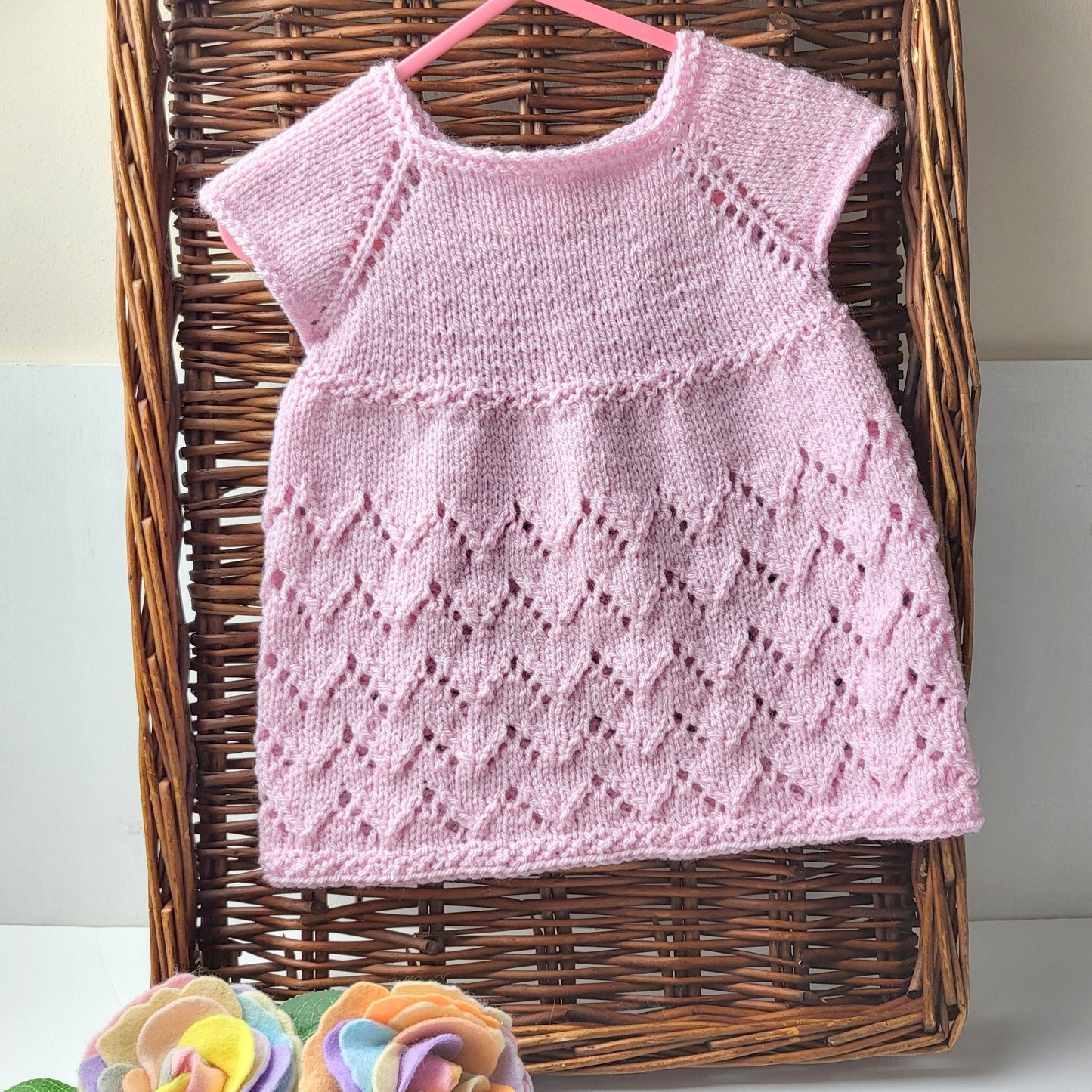 0-6 months Pink Knitted Baby Dress, with short sleeves and lace pattern. (Ready to send)