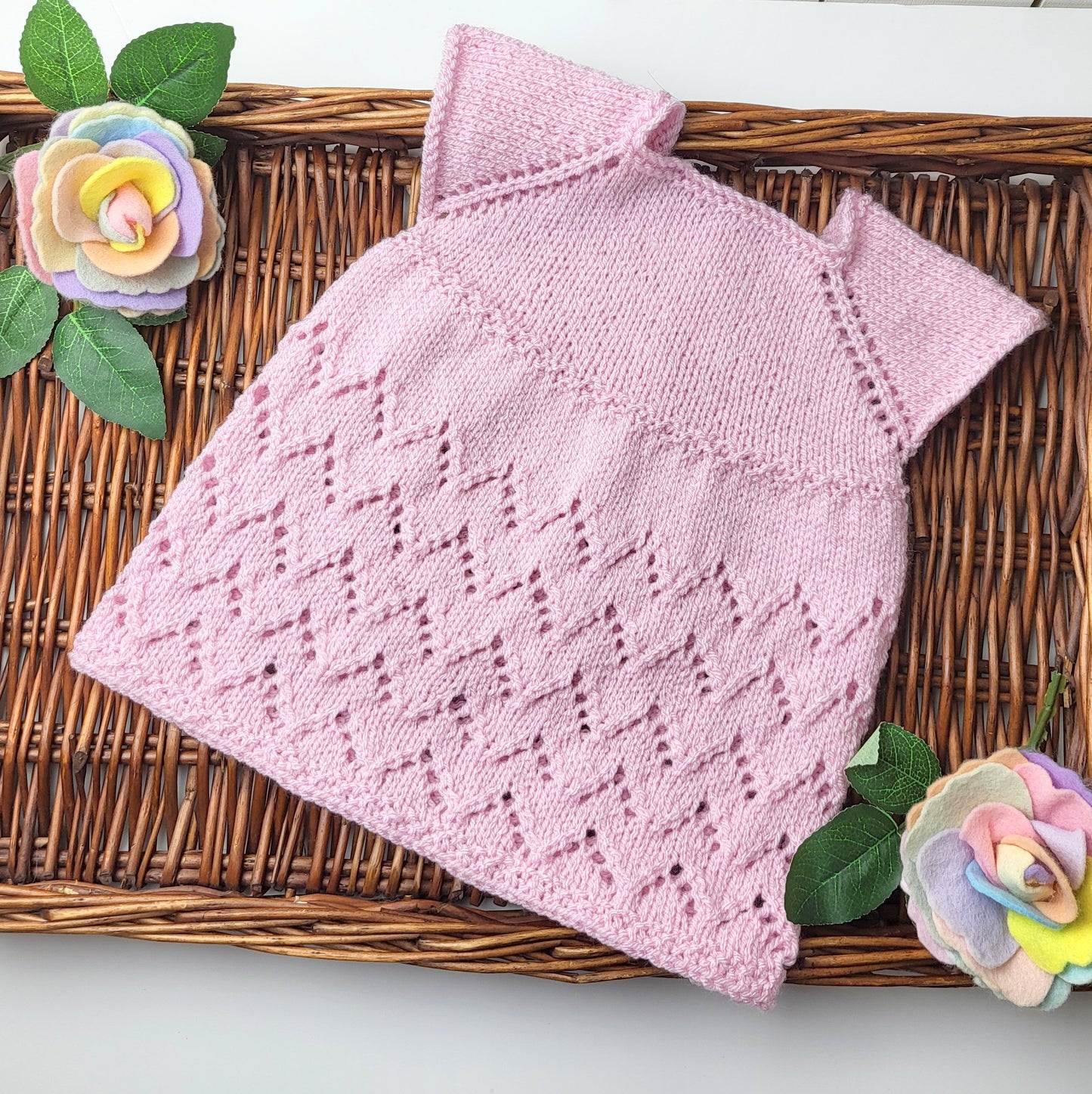 0-6 months Pink Knitted Baby Dress, with short sleeves and lace pattern. (Ready to send)