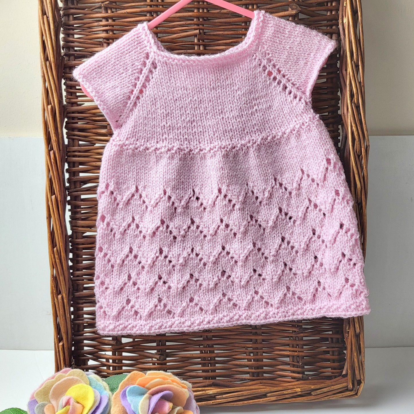 0-6 months Pink Knitted Baby Dress, with short sleeves and lace pattern. (Ready to send)