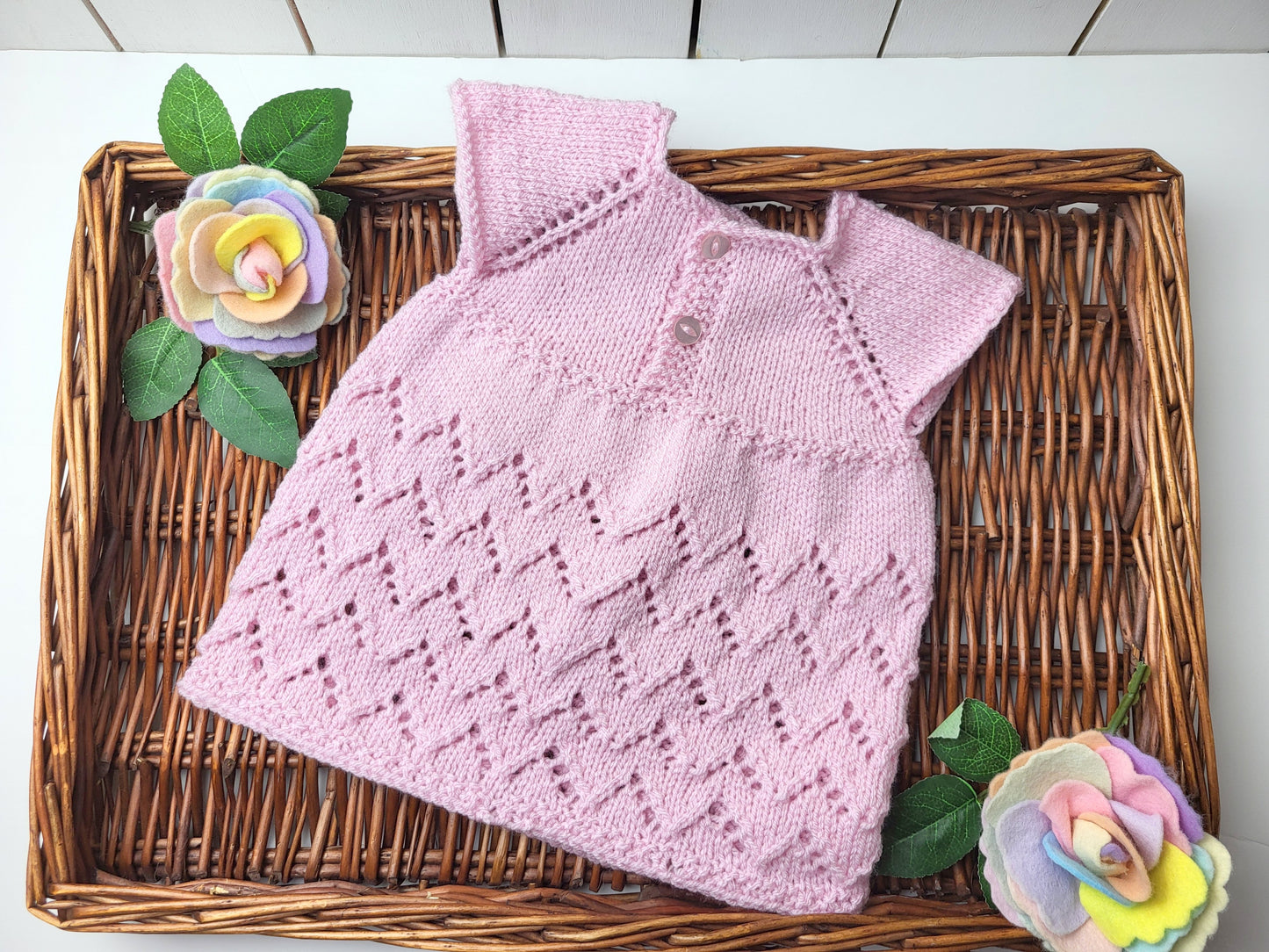 0-6 months Pink Knitted Baby Dress, with short sleeves and lace pattern. (Ready to send)