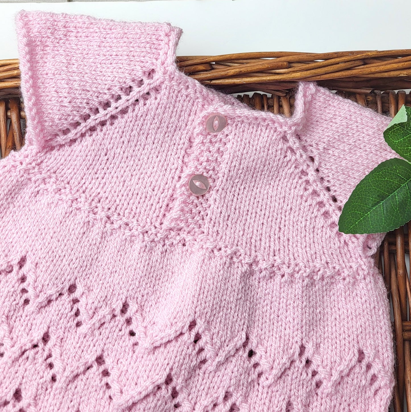 0-6 months Pink Knitted Baby Dress, with short sleeves and lace pattern. (Ready to send)