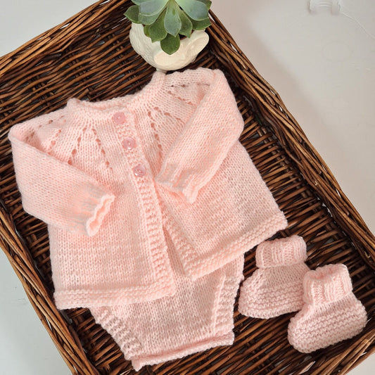 Pink Baby Jumper, Romper and Bootie Set for baby girls  0-3 months (Ready to Send)