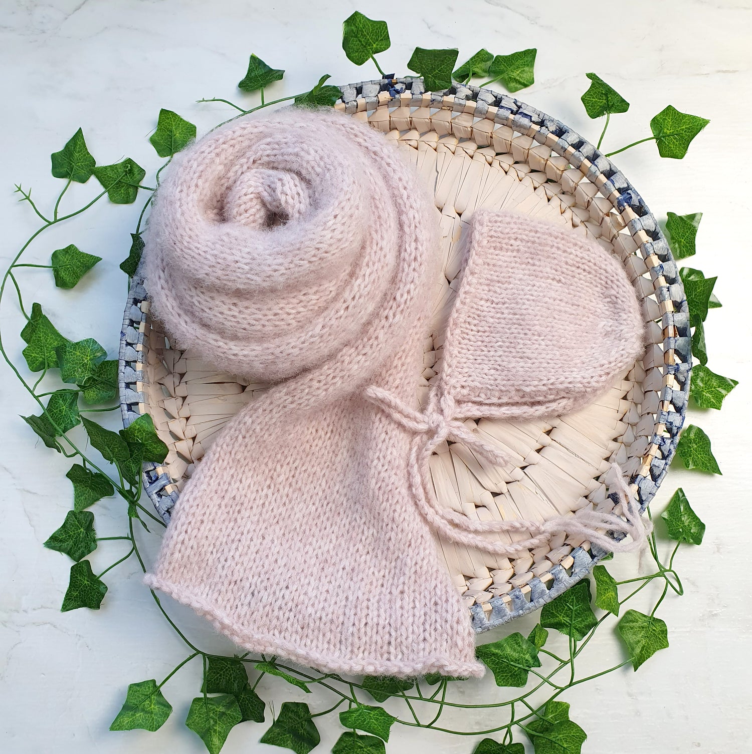 pink sand pale pink knitted newborn wrap and bonnet set
