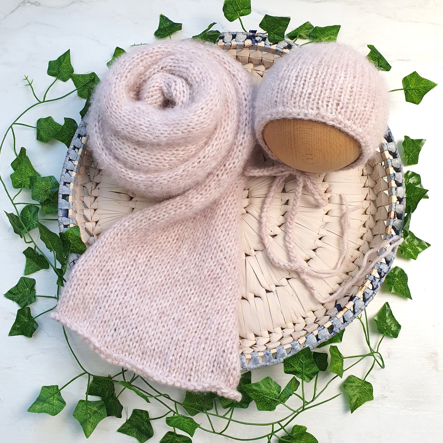 pale pink knit wrap and bonnet set