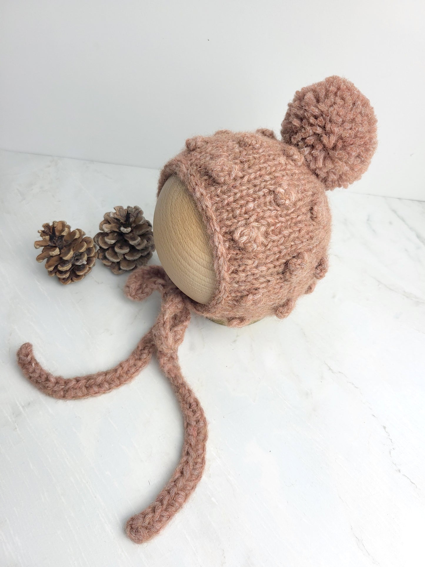 bubble pom pom bonnet in brown for babies and toddlers