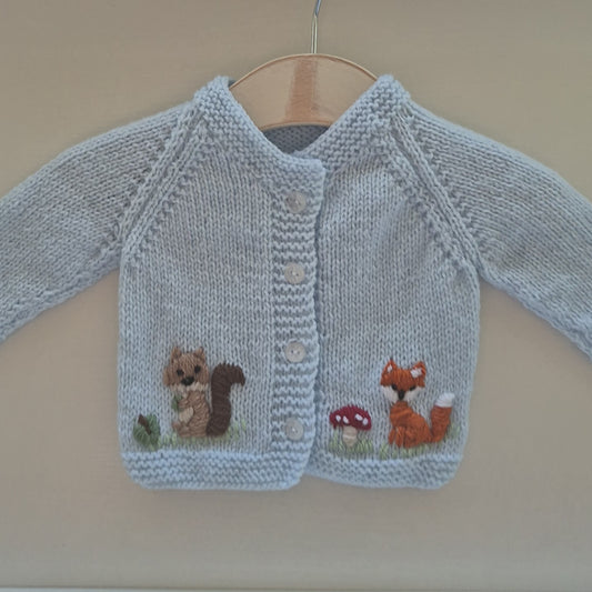 0-3 months Handmade Knitted Blue Baby Cardigan with Embroidered Fox and Squirrel (Ready to Send) Baby shower gift