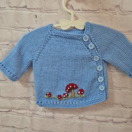 Handmade 0-3 months Knitted Blue Baby Cardigan with Toadstools  (Ready to Send)