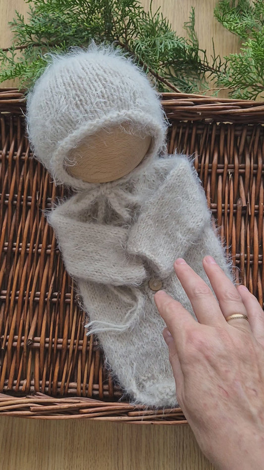 Fuzzy Beige Newborn Romper and Bonnet set (Ready to Send) Newborn Photo prop