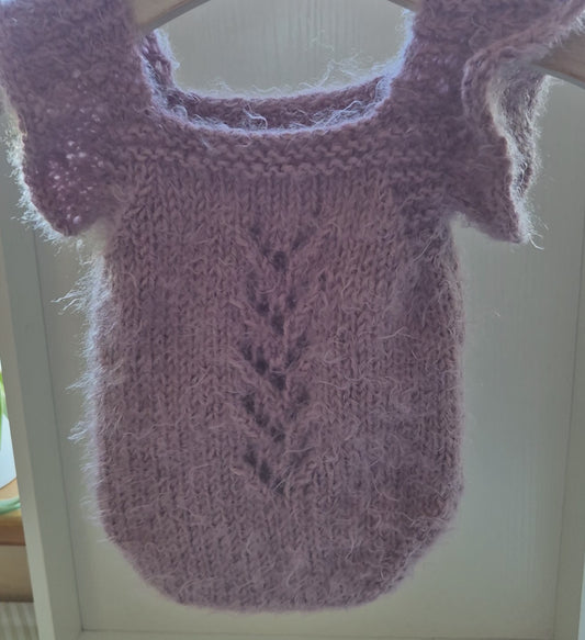 Hand Knit Newborn Baby Girl Ruffle Romper in Smoky Purple Newborn Photo Prop.(Ready to send)