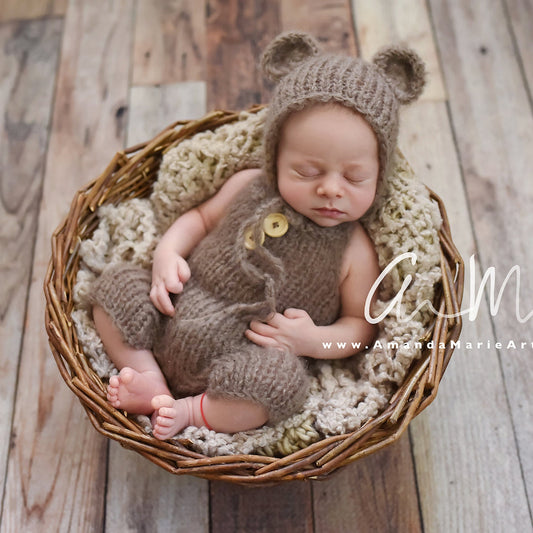 HANDKNIT BABY BEAR OUTFIT DUNGAREE OVERALLS AND EARS HAT

