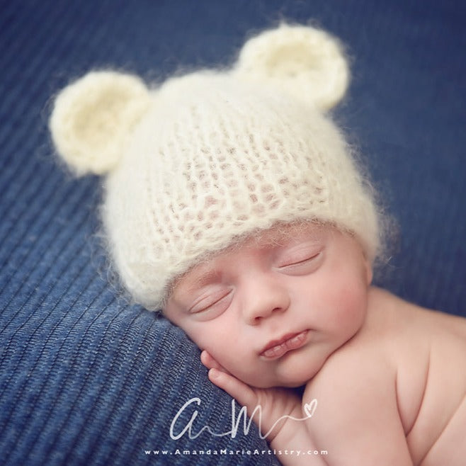 knitted baby bear hat cream