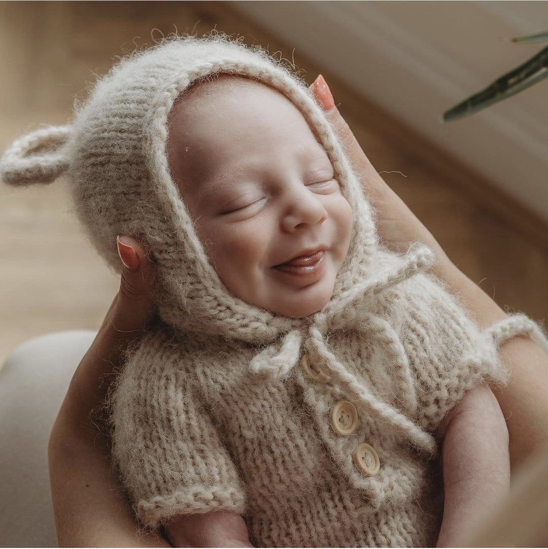 Knitted Baby Bear Romper and Bonnet set Newborn / 0-3 months - more colours (Made to order)