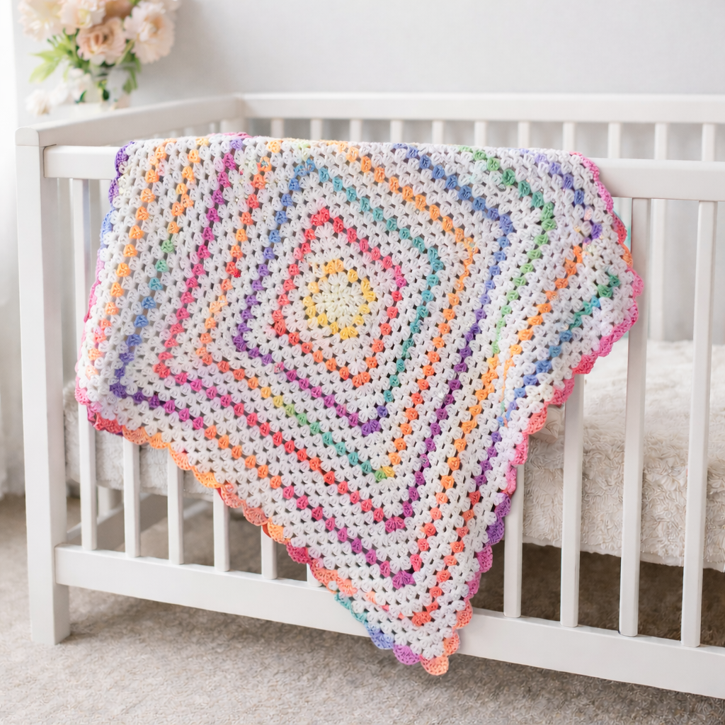Rainbow Dots Crochet Baby Blanket with matching Top Knot Hat (Ready to send) Baby gift set