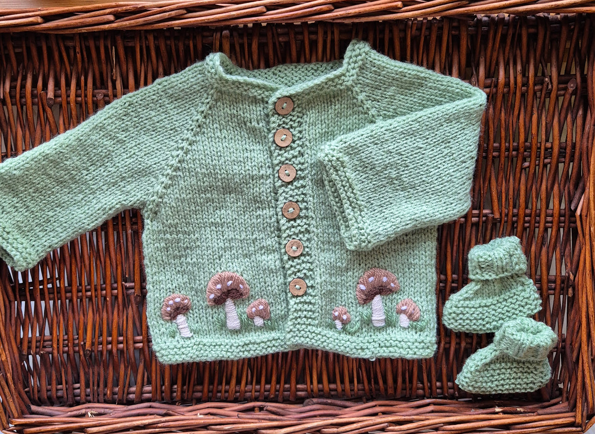 Handknit Toadstool Baby Cardigan and BOOTIE gift set : Preemie to 6 months (MADE TO ORDER) Baby Gift set