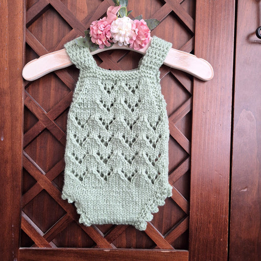 Hand Knit Newborn Baby Girl Romper in Sage Green, lace pattern. Newborn Photo Prop, Coming Home Outfit. (Ready to send)