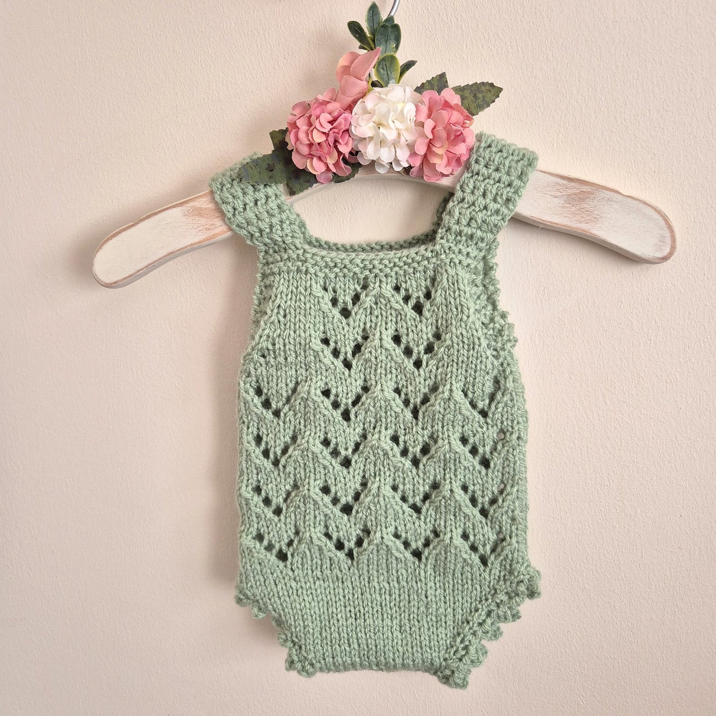 Hand Knit Newborn Baby Girl Romper in Sage Green, lace pattern. Newborn Photo Prop, Coming Home Outfit. (Ready to send)