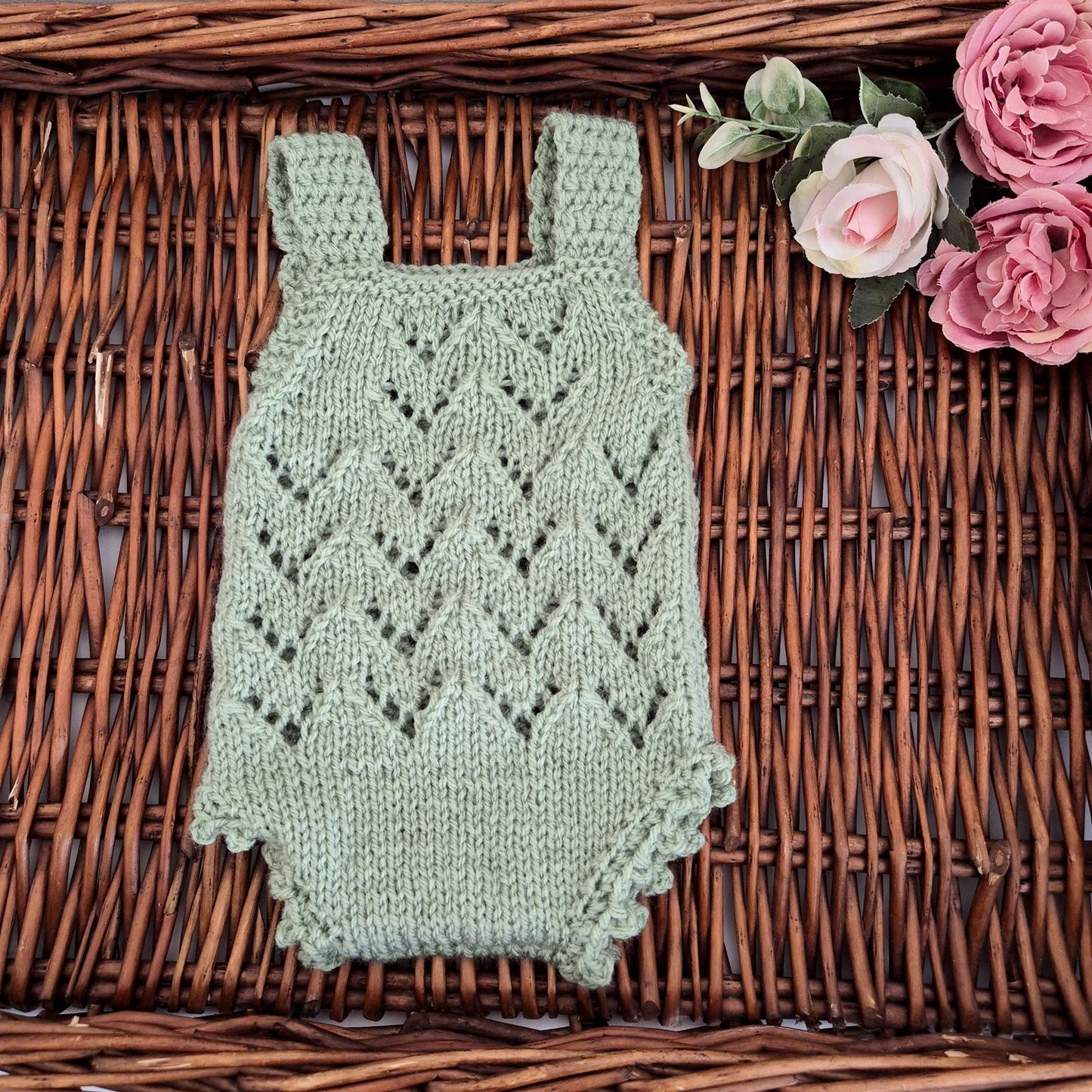 Hand Knit Newborn Baby Girl Romper in Sage Green, lace pattern. Newborn Photo Prop, Coming Home Outfit. (Ready to send)