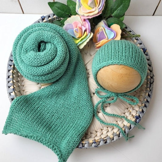 sage green long stretch wrap and classic style bonnet for use as a newborn photo prop