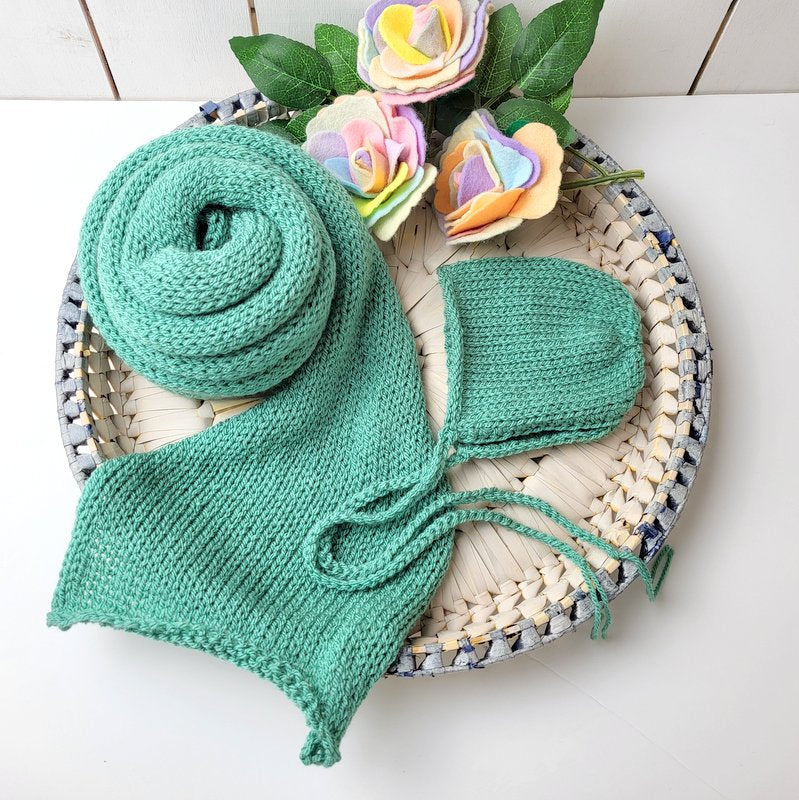 Sage Green Long Stretch Wrap and Classic Newborn Bonnet set (Ready to Ship)