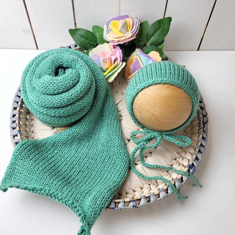 Sage Green Long Stretch Wrap and Classic Newborn Bonnet set (Ready to Ship)