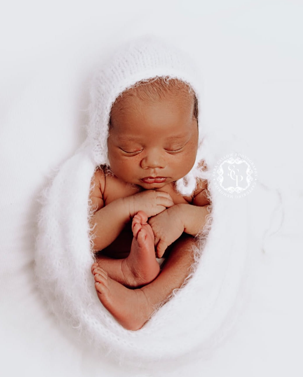 white fluffy knit wrap and bonnet set for newborn photography 