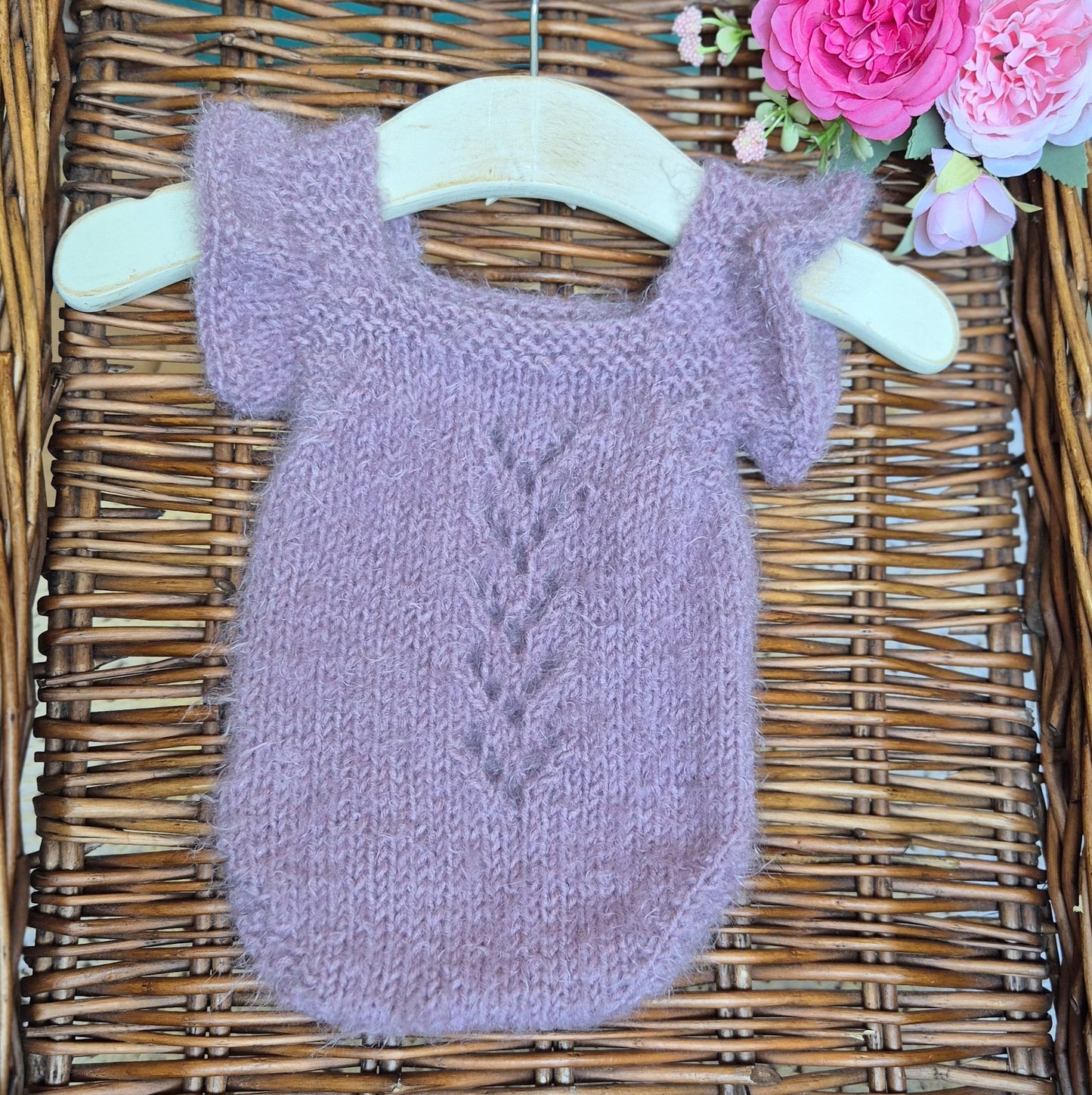 Hand Knit Newborn Baby Girl Ruffle Romper in Smoky Purple Newborn Photo Prop.(Ready to send)