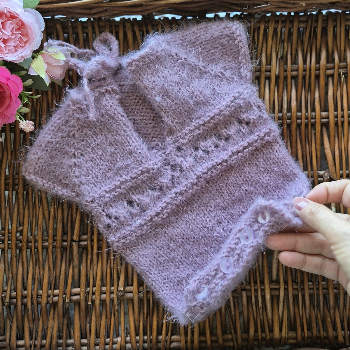 Hand Knit Newborn Baby Girl Romper in Smoky Purple Newborn Photo Prop, coming home outfit.(Ready to send) (Copy)