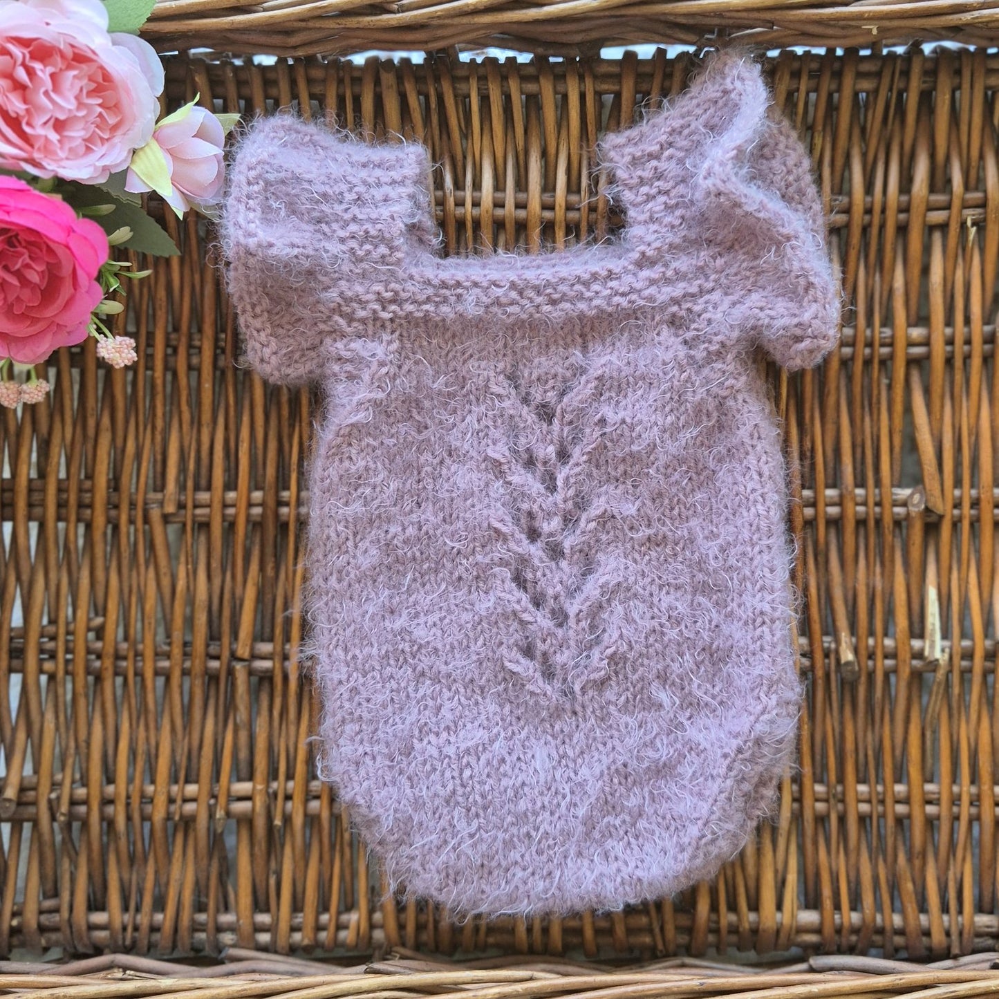 Hand Knit Newborn Baby Girl Ruffle Romper in Smoky Purple Newborn Photo Prop.(Ready to send)