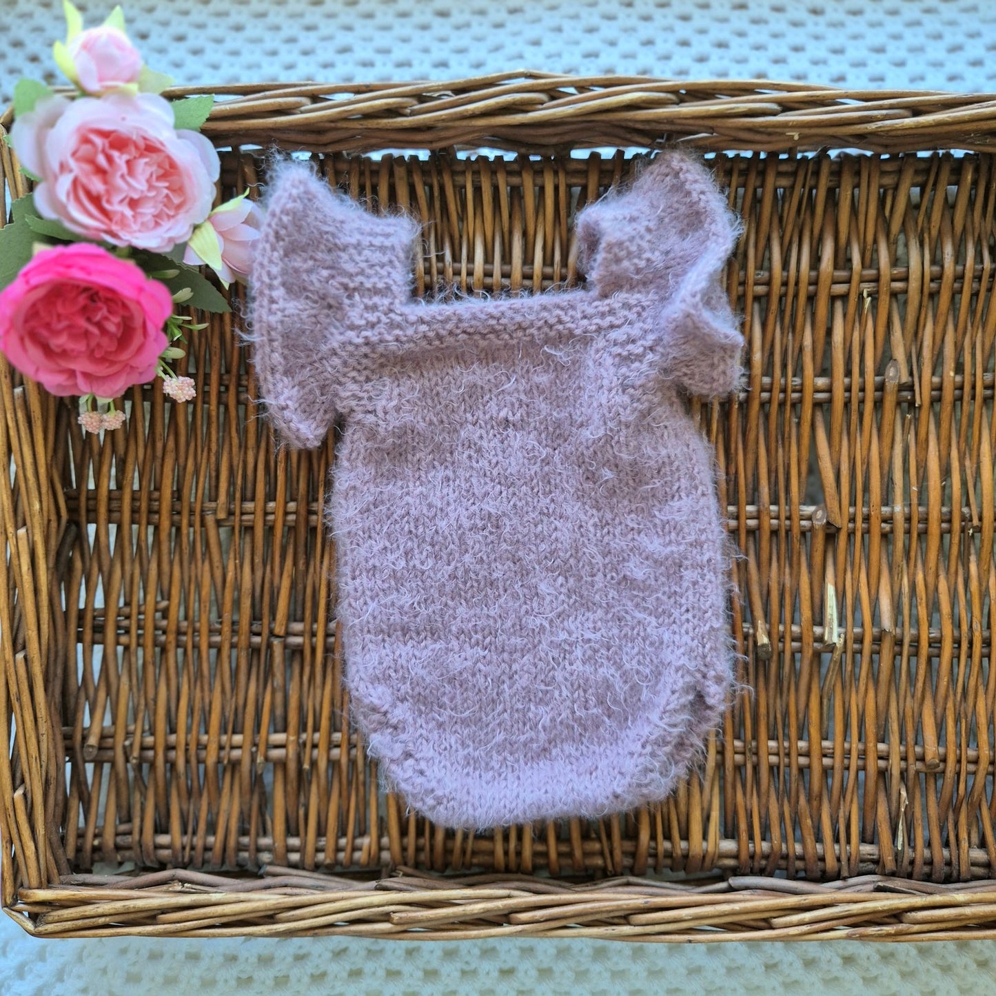 Hand Knit Newborn Baby Girl Ruffle Romper in Smoky Purple Newborn Photo Prop.(Ready to send)
