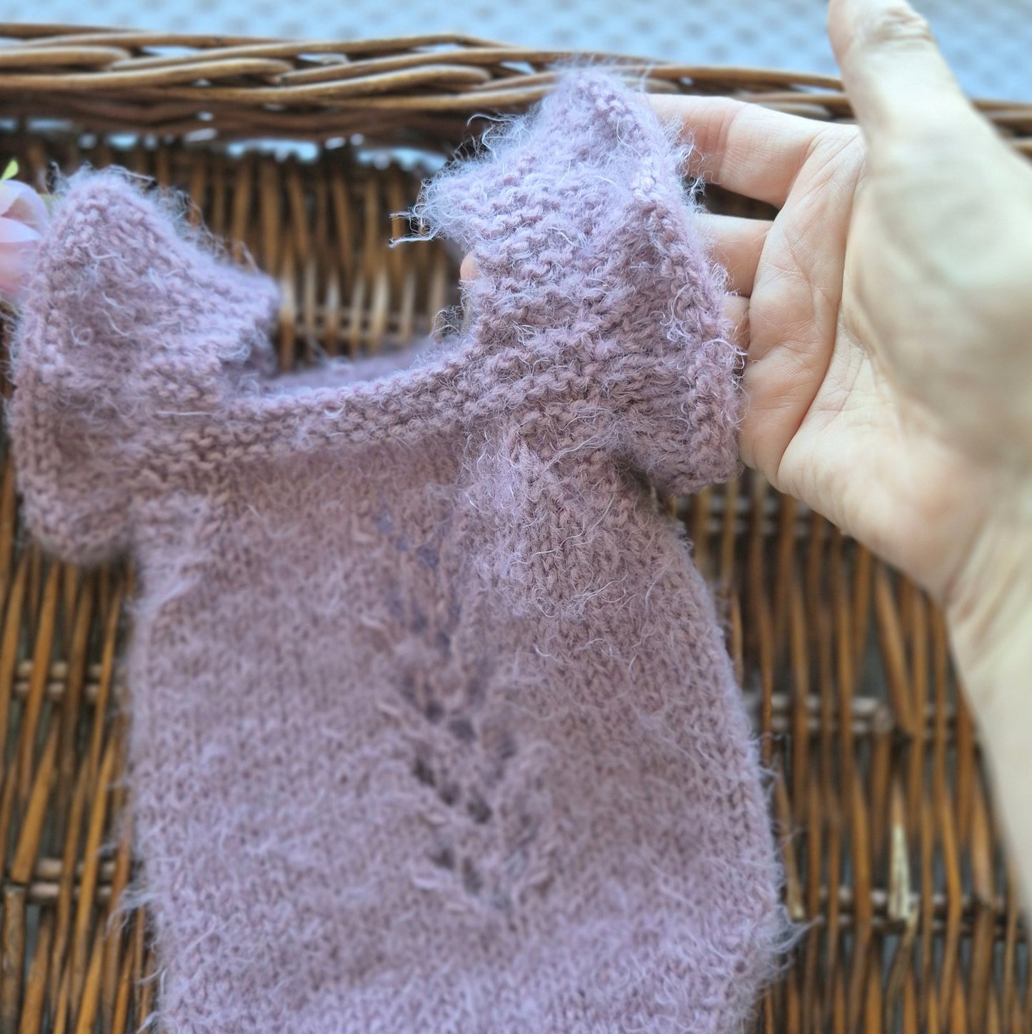 Hand Knit Newborn Baby Girl Ruffle Romper in Smoky Purple Newborn Photo Prop.(Ready to send)
