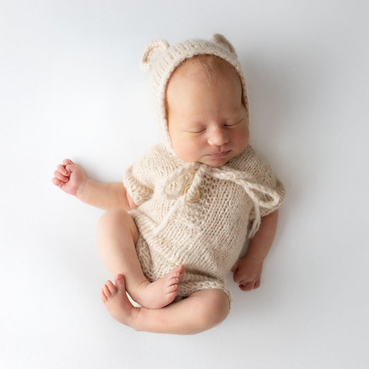 knitted newborn romper and bear hat set
