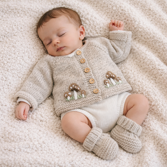 handknit baby cardigan in light beige with embroidered toadstool mushrooms and a matching pair of knitted booties
