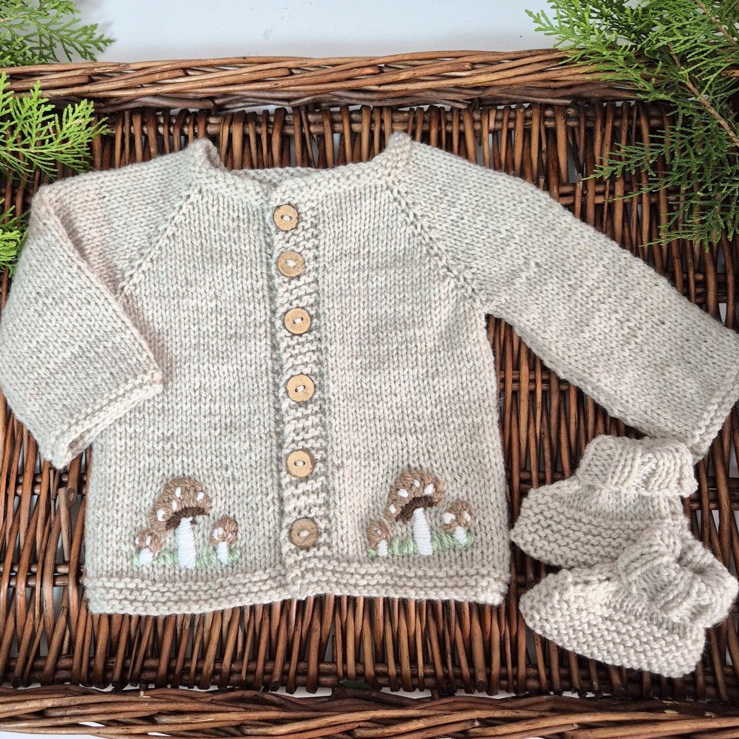 Handknit beige Toadstool Baby Cardigan and Bootie gift set 0-3 months (Ready to Send)