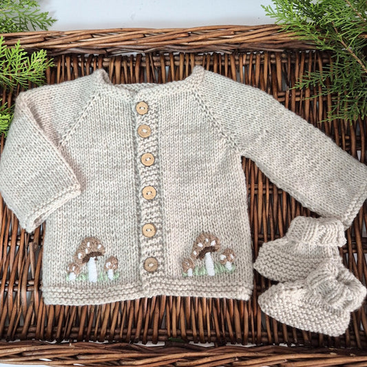 Handknit beige Toadstool Baby Cardigan and Bootie gift set 0-3 months (Ready to Send)