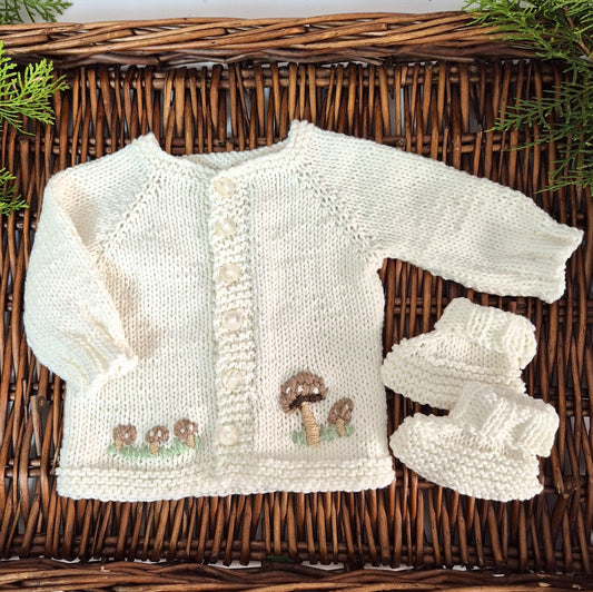Handknit Cream Toadstool Baby Cardigan and Bootie gift set 0-3 months (Ready to Send)