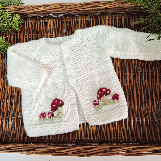 Handknit White Toadstool Baby Cardigan 0-6 months (Ready to Send)