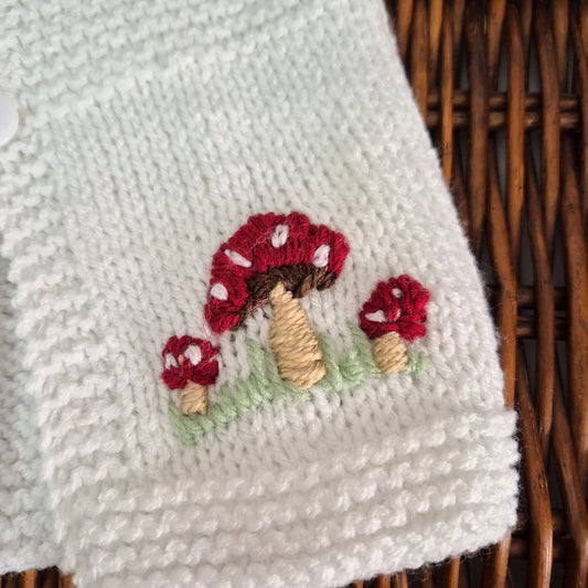 Handknit White Toadstool Baby Cardigan 0-6 months (Ready to Send)