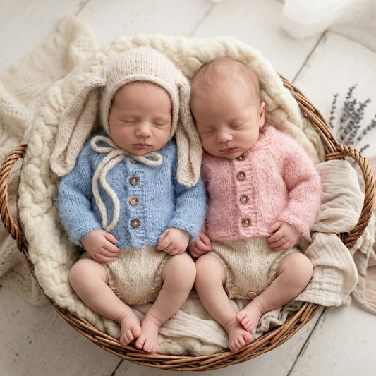 handknit bunny rabbit outfits for a newborn photo shoot or your babys first easter, blue or pink 