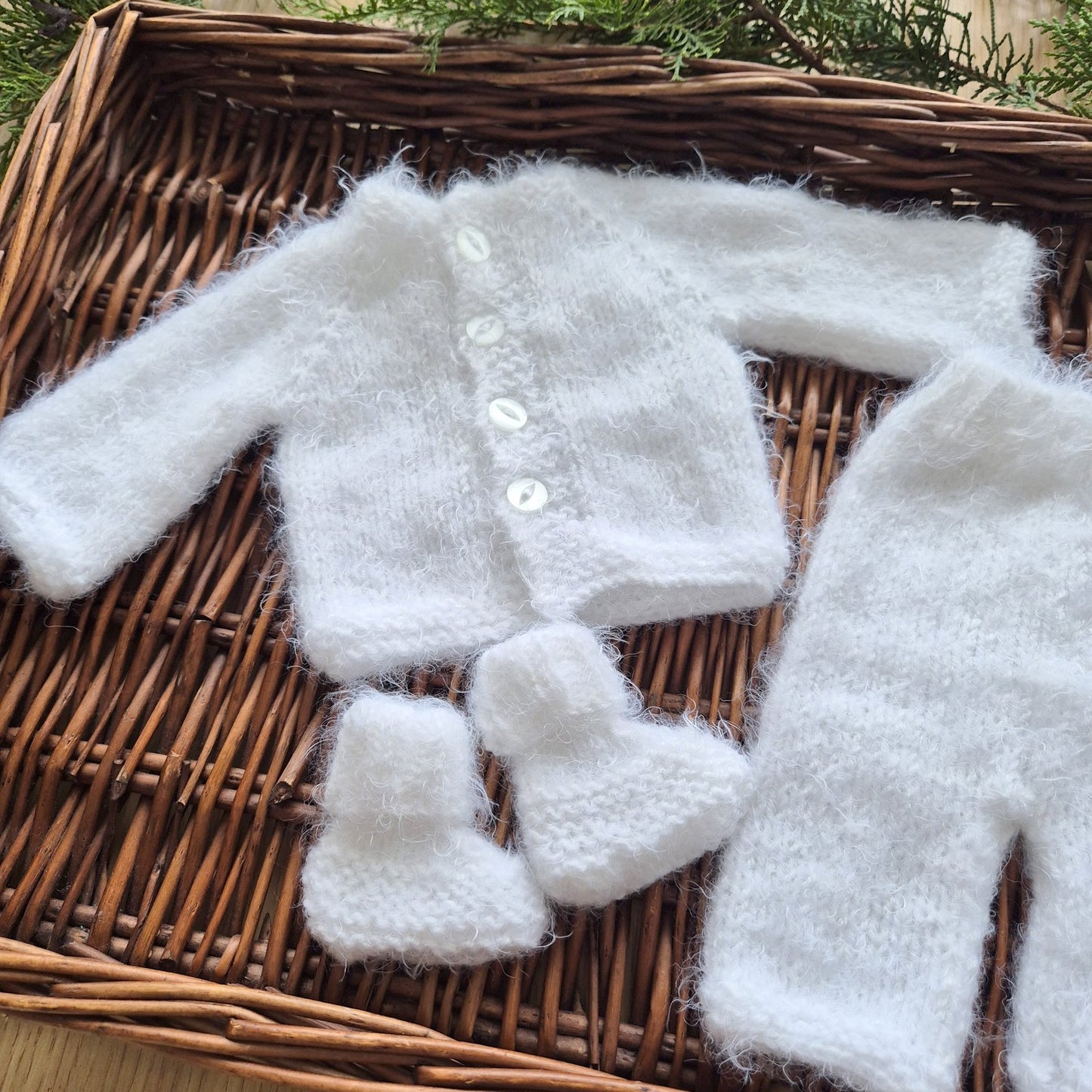 Fluffy White Knit Baby Jumper, Trousers and Bootie Set  (Ready to send)