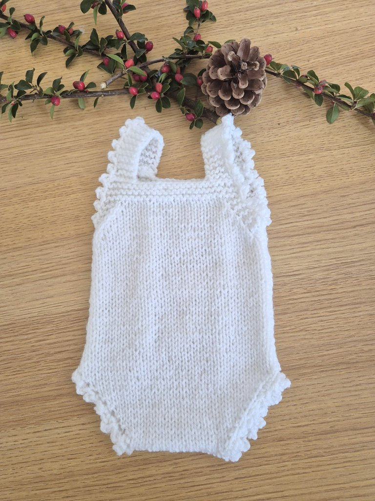 RTS Newborn White Lacy Popcorn knitted baby girl romper. (Ready to send) Photographty prop, coming home outfit.