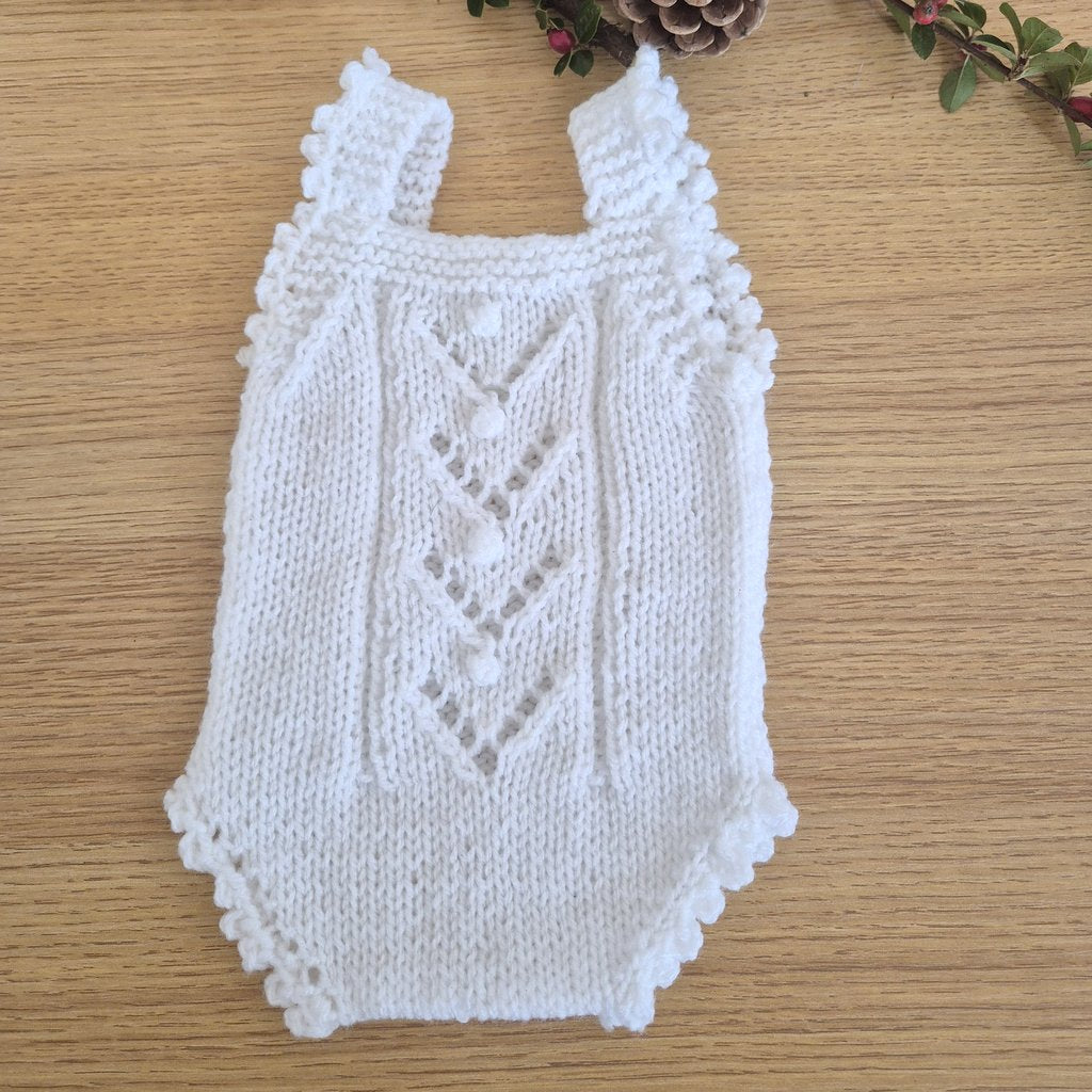 RTS Newborn White Lacy Popcorn knitted baby girl romper. (Ready to send) Photographty prop, coming home outfit.