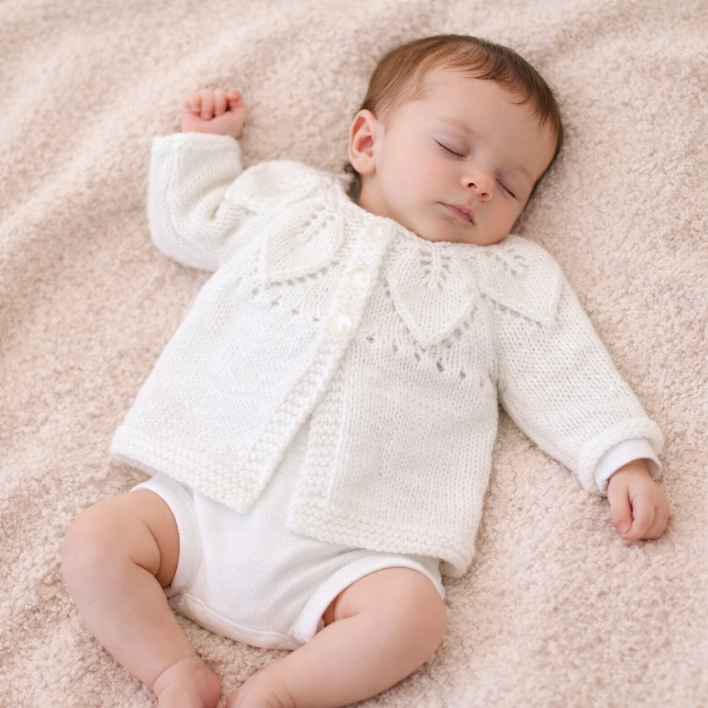 handknit baby cardigan with leaf pattern