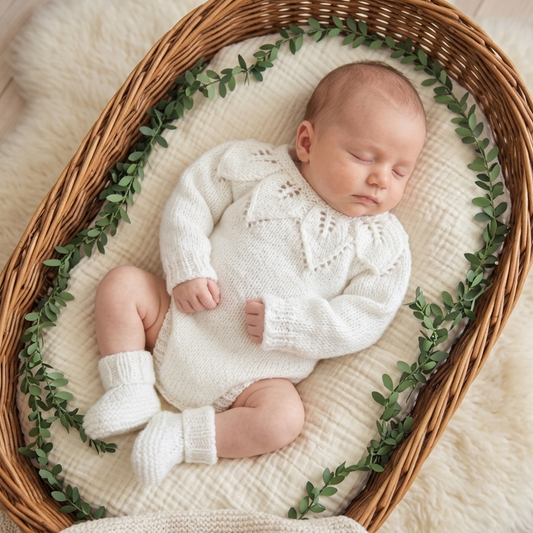 handknit white 0-3 month old baby romper with leaf pattern and matching booties.