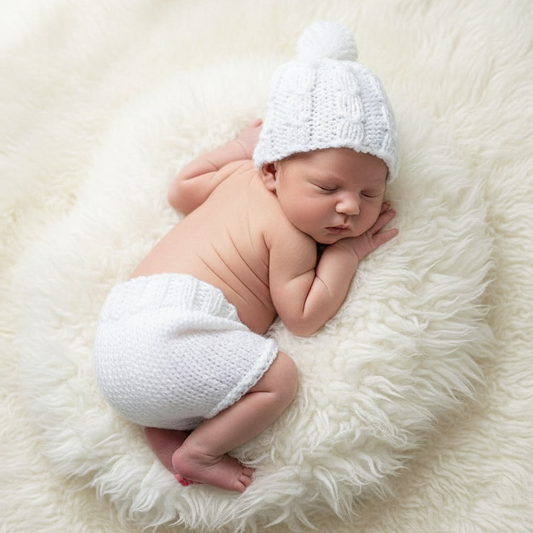 Newborn baby wearing a white knitted hat and diaper on a fluffy white surface