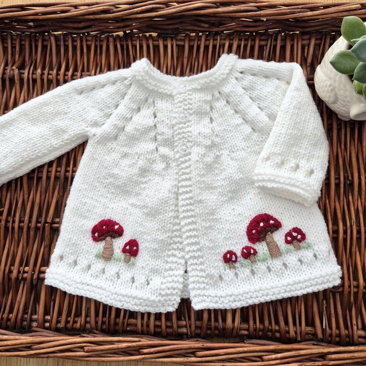 Newborn or 0-3m Knitted Baby Boy Girl Cardigan with Embroidered Toadstools  (Made to Order)  Four colours