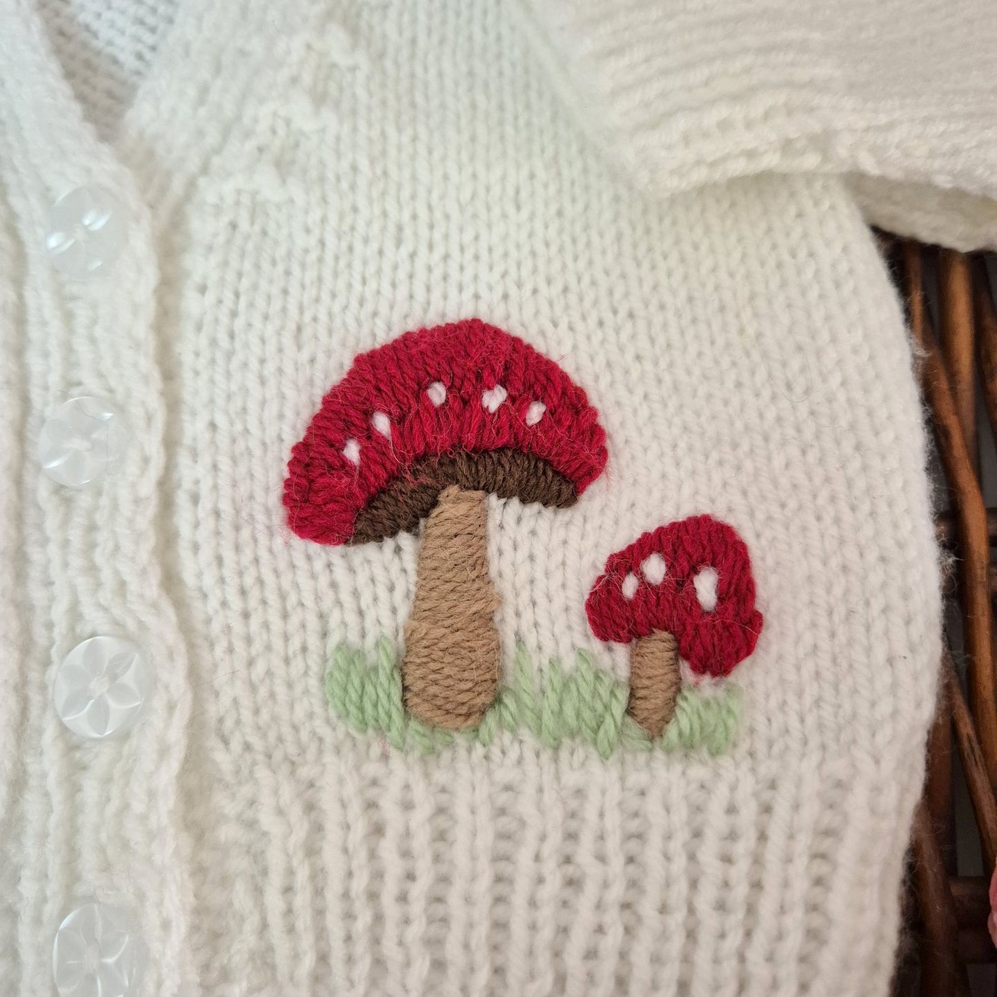 0-3 months Handmade Knitted White Baby Cardigan with Toadstools  (Ready to Send)
