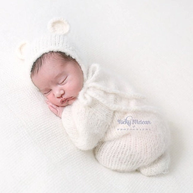 white knitted footed romper and bear bonnet for newborn photo shoot costume