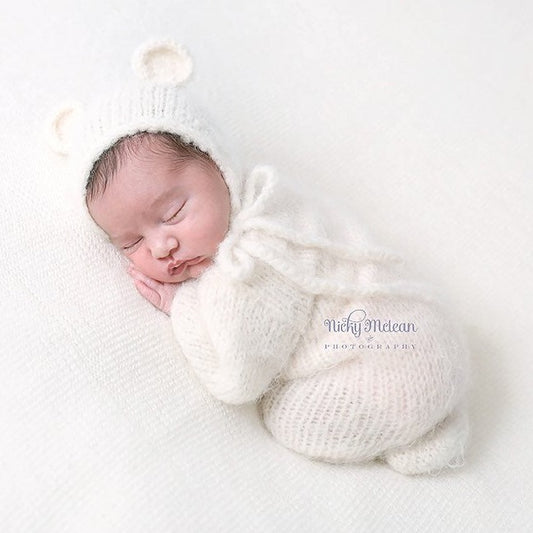 WHITE KNITTED NEWBORN BEAR FOOTED ROMPER WITH BEAR BONNET SUITABLE FOR A NEWBORN BABY