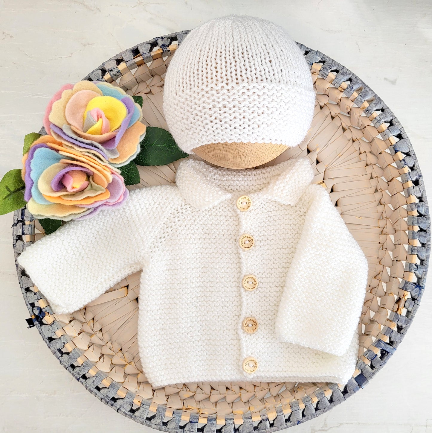 handknit white baby cardigan jacket and hat set for baby shower gift