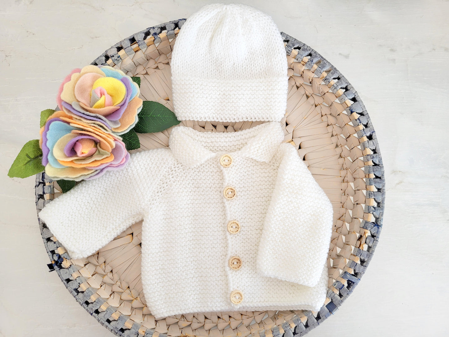 handmade knitted newborn baby matinee jacket and hat for baby boys or baby girls